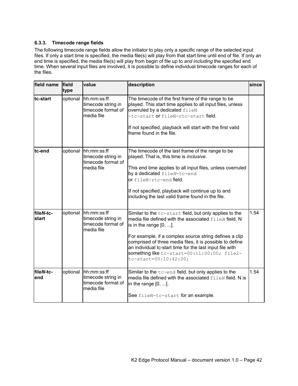 Timecode range fields | Grass Valley K2 Edge Protocol Manual v1.0 User Manual | Page 42 / 52