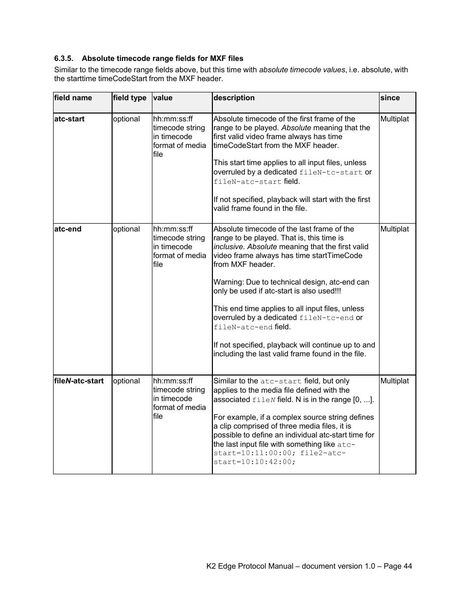 Absolute timecode range fields for mxf files | Grass Valley K2 Edge Protocol Manual v1.0 User Manual | Page 44 / 52