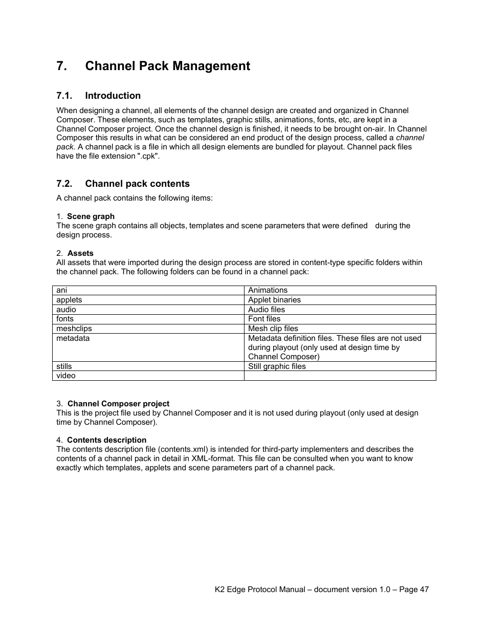 Channel pack management, Introduction, Channel pack contents | Grass Valley K2 Edge Protocol Manual v1.0 User Manual | Page 47 / 52