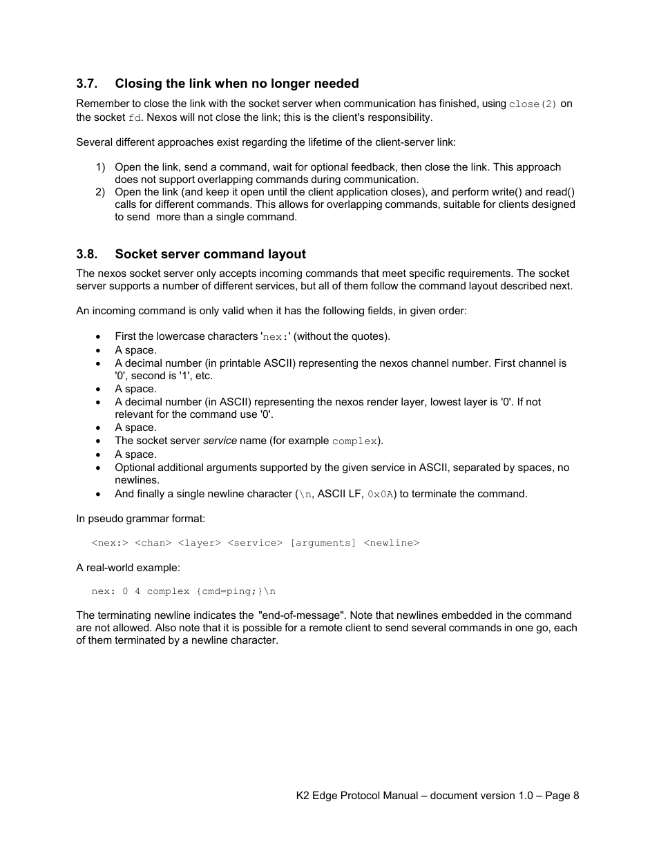 Closing the link when no longer needed, Socket server command layout | Grass Valley K2 Edge Protocol Manual v1.0 User Manual | Page 8 / 52