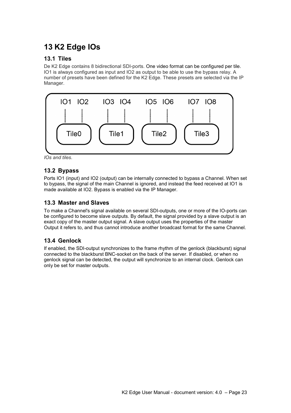 1 tiles, 2 bypass, 3 master and slaves | 4 genlock, K2 edge ios, Tiles, Bypass, Master and slaves, Genlock, 13 k2 edge ios | Grass Valley K2 Edge User Manual v.4.0 User Manual | Page 23 / 26