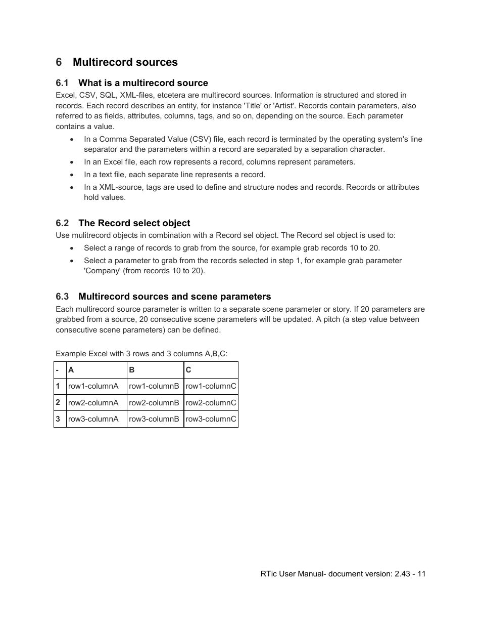 6 multirecord sources, 1 what is a multirecord source, 2 the record select object | 3 multirecord sources and scene parameters, Multirecord sources, What is a multirecord source, The record select object, Multirecord sources and scene parameters, 6multirecord sources | Grass Valley RTic v.2.43 User Manual | Page 11 / 63