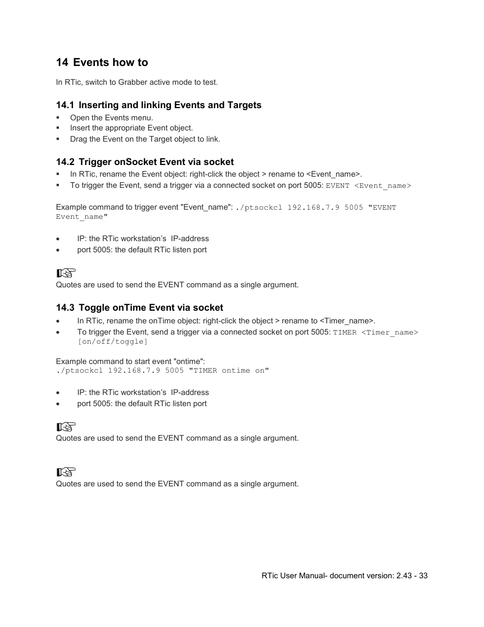 14 events how to, 1 inserting and linking events and targets, 2 trigger onsocket event via socket | 3 toggle ontime event via socket, Events how to, Inserting and linking events and targets, Trigger onsocket event via socket, Toggle ontime event via socket | Grass Valley RTic v.2.43 User Manual | Page 33 / 63