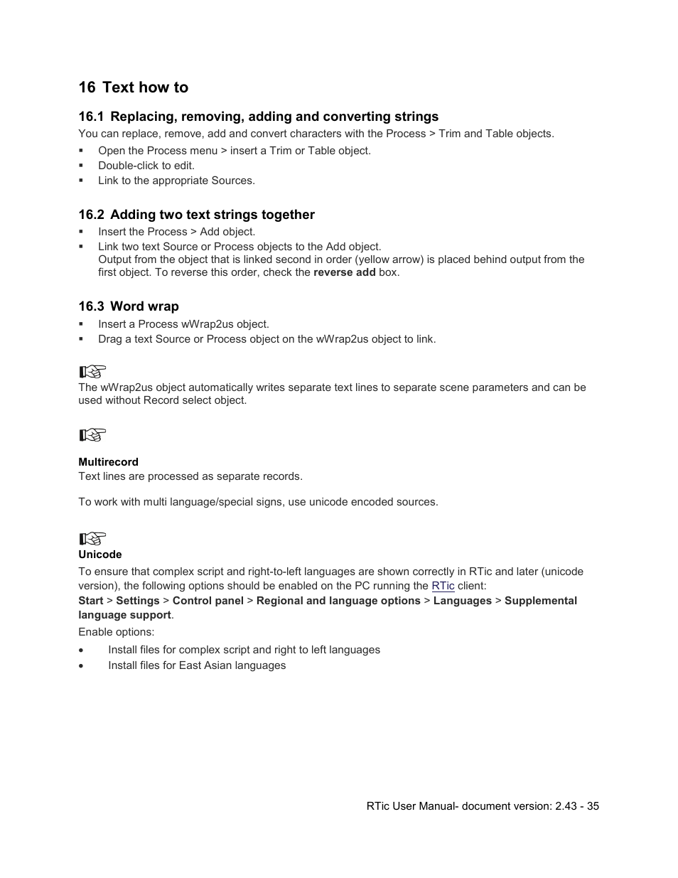 16 text how to, 2 adding two text strings together, 3 word wrap | Text how to, Replacing, removing, adding and converting strings, Adding two text strings together, Word wrap | Grass Valley RTic v.2.43 User Manual | Page 35 / 63