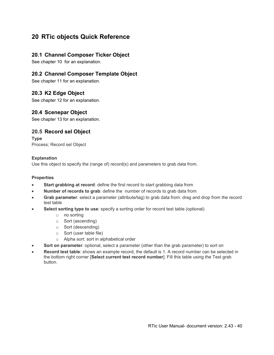 20 rtic objects quick reference, 1 channel composer ticker object, 2 channel composer template object | 3 k2 edge object, 4 scenepar object, 5 record sel object, Rtic objects quick reference, Channel composer ticker object, Channel composer template object, K2 edge object | Grass Valley RTic v.2.43 User Manual | Page 40 / 63