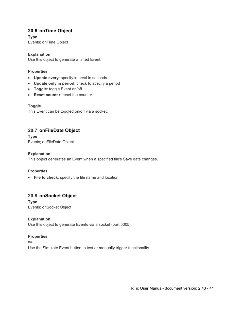 6 ontime object, 7 onfiledate object, 8 onsocket object | Ontime object, Onfiledate object, Onsocket object | Grass Valley RTic v.2.43 User Manual | Page 41 / 63
