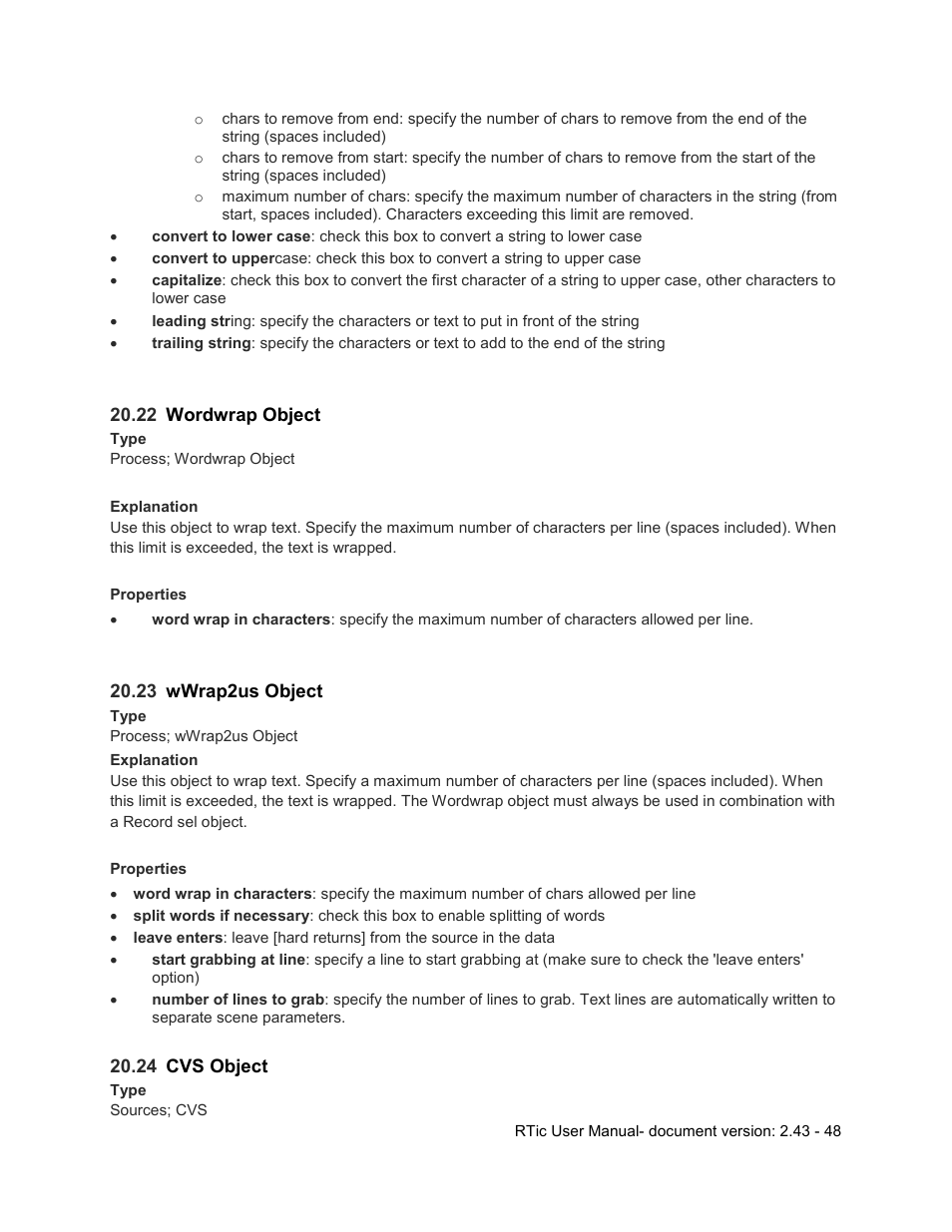 22 wordwrap object, 23 wwrap2us object, 24 cvs object | Wordwrap object, Wwrap2us object, Cvs object | Grass Valley RTic v.2.43 User Manual | Page 48 / 63