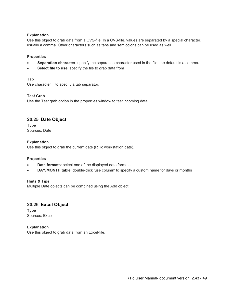 25 date object, 26 excel object, Date object | Excel object | Grass Valley RTic v.2.43 User Manual | Page 49 / 63