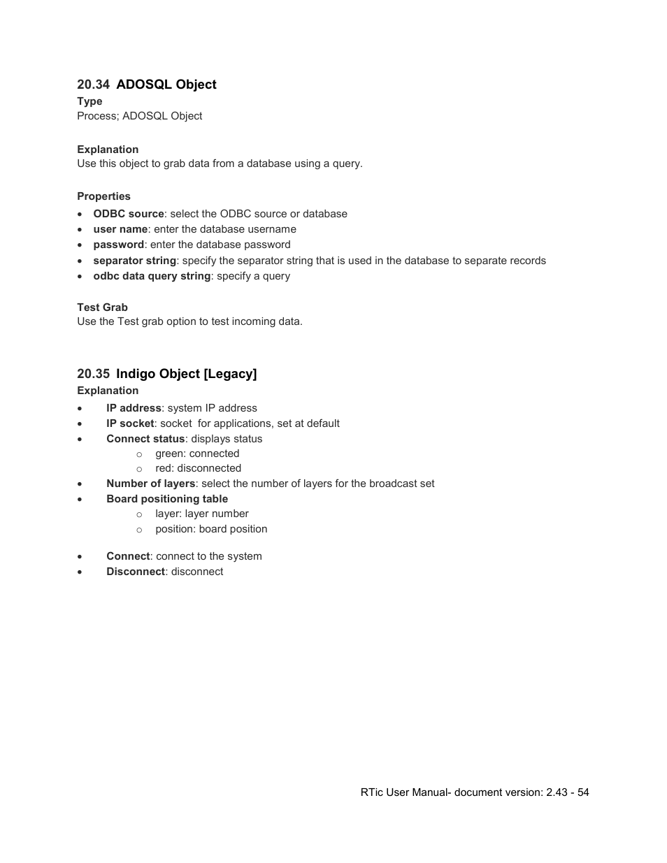 34 adosql object, 35 indigo object [legacy, Adosql object | Indigo object [legacy | Grass Valley RTic v.2.43 User Manual | Page 54 / 63