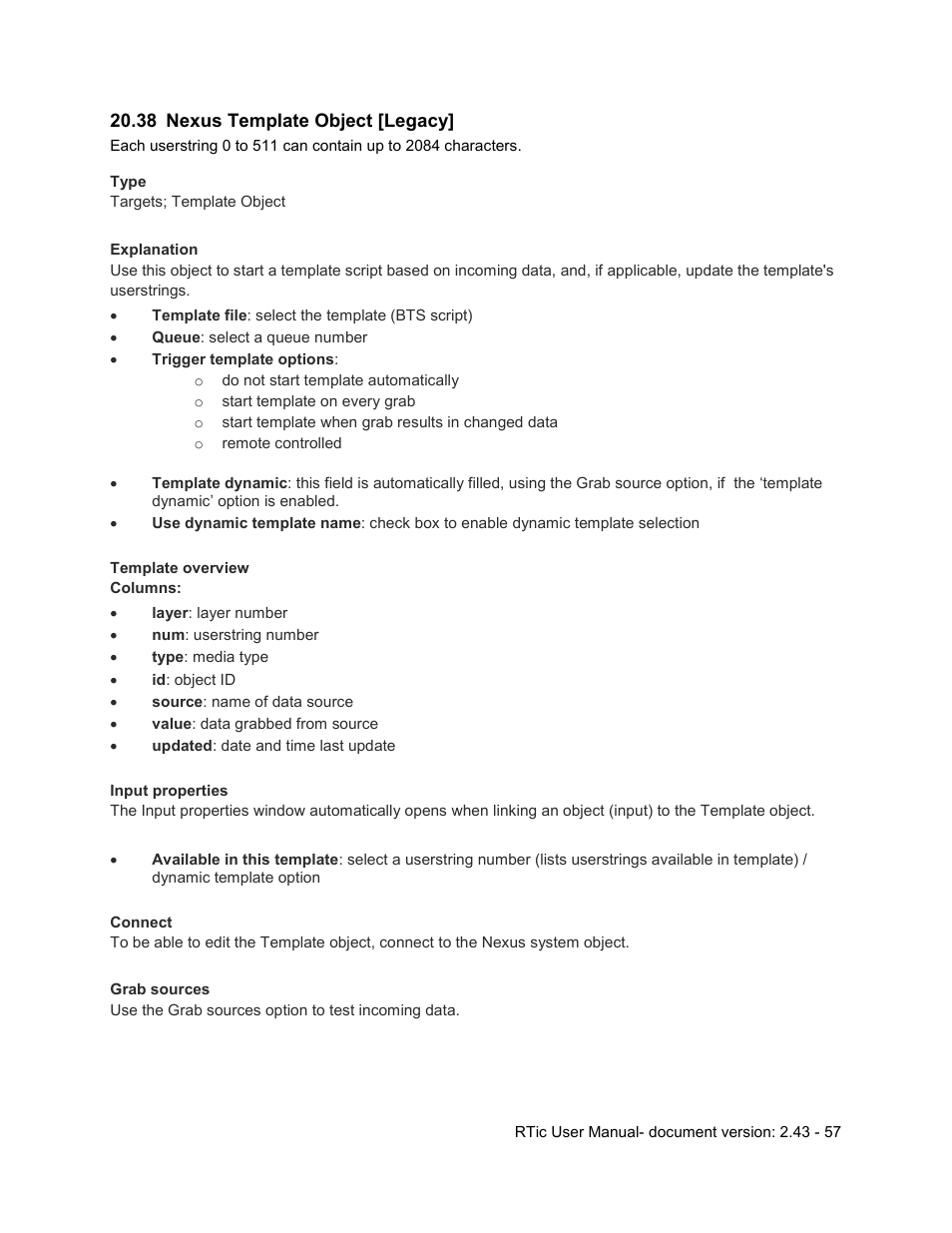 38 nexus template object [legacy, Nexus template object [legacy | Grass Valley RTic v.2.43 User Manual | Page 57 / 63