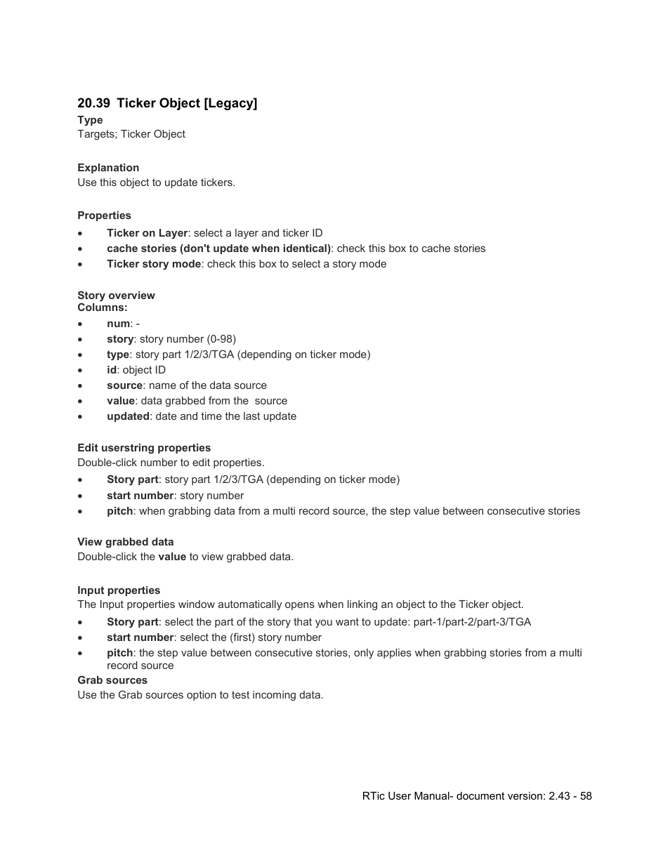 39 ticker object [legacy, Ticker object [legacy | Grass Valley RTic v.2.43 User Manual | Page 58 / 63