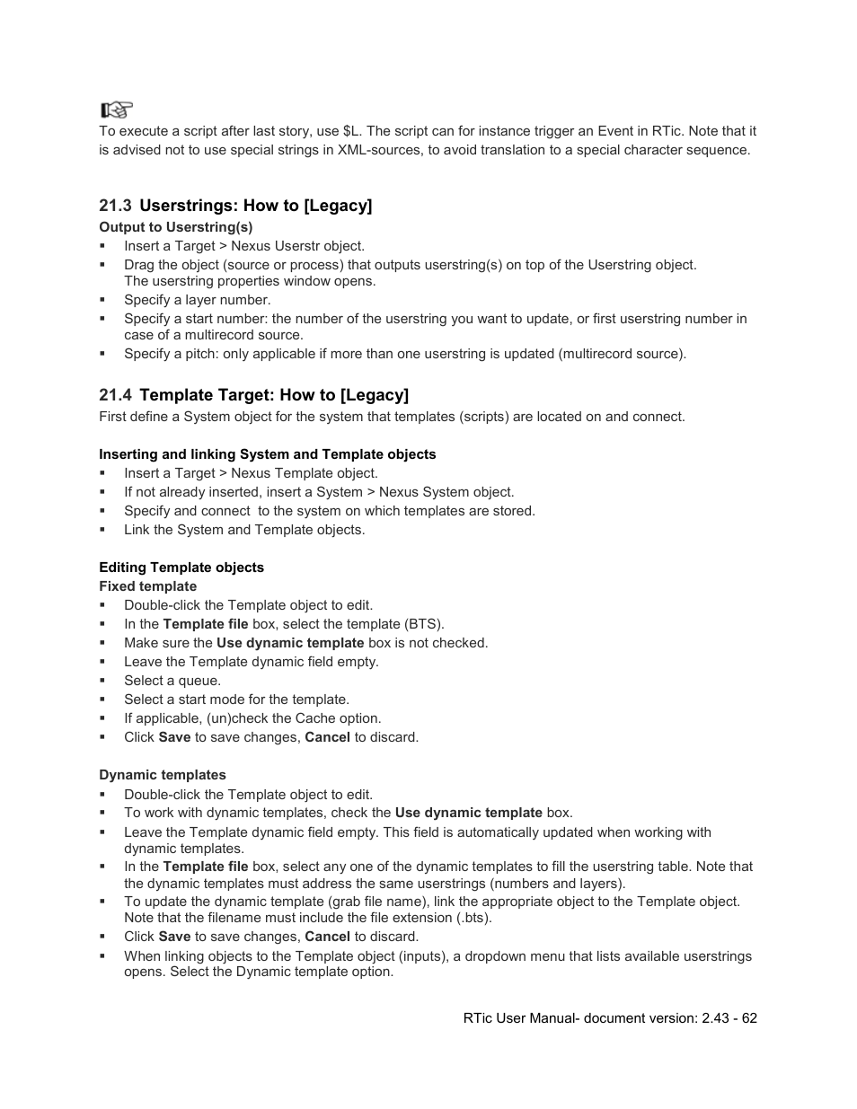 3 userstrings: how to [legacy, 4 template target: how to [legacy, Userstrings: how to [legacy | Template target: how to [legacy | Grass Valley RTic v.2.43 User Manual | Page 62 / 63