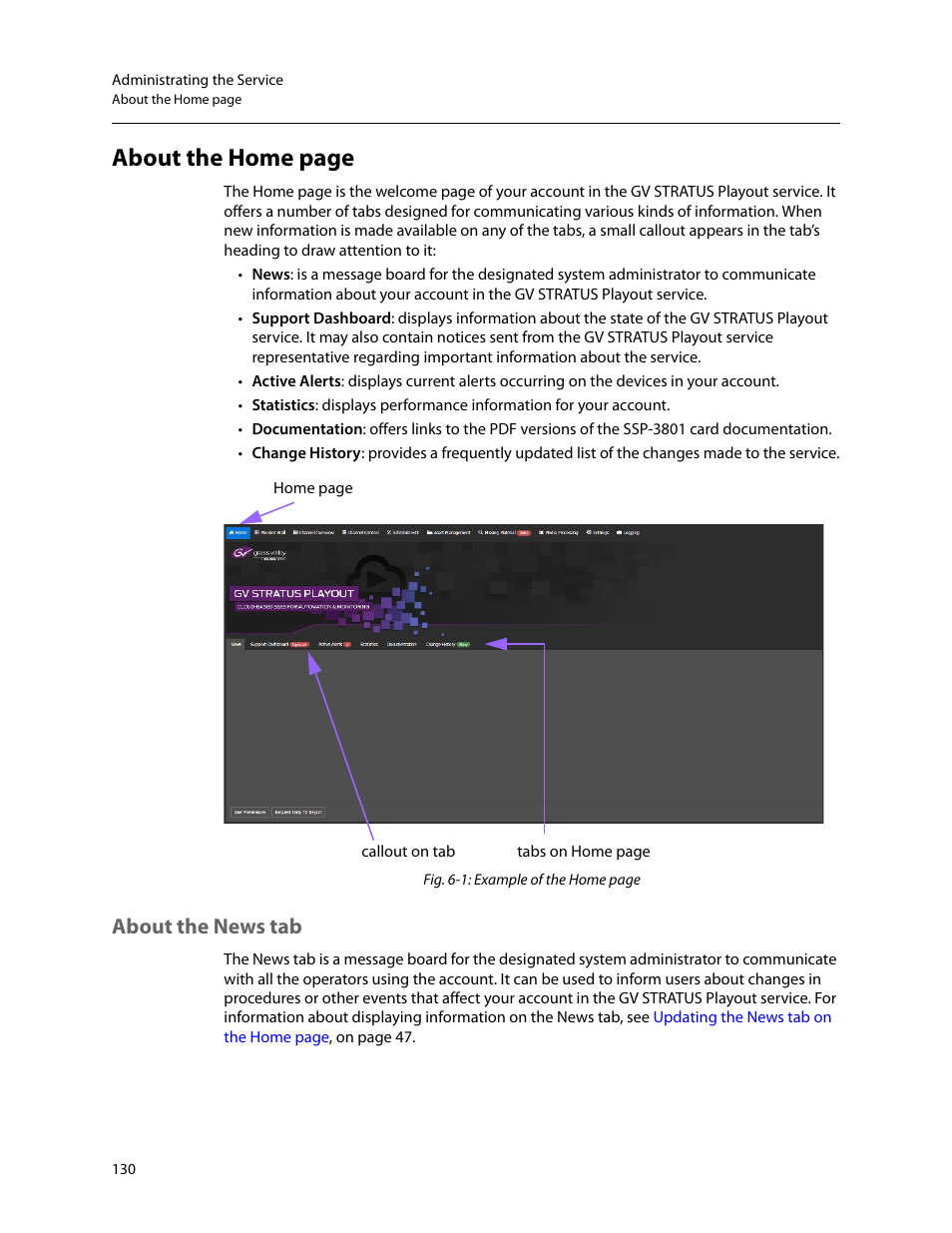 About the news tab, About the, News tab | About the home page | Grass Valley GV STRATUS Playout v.2.0 User Manual | Page 130 / 141