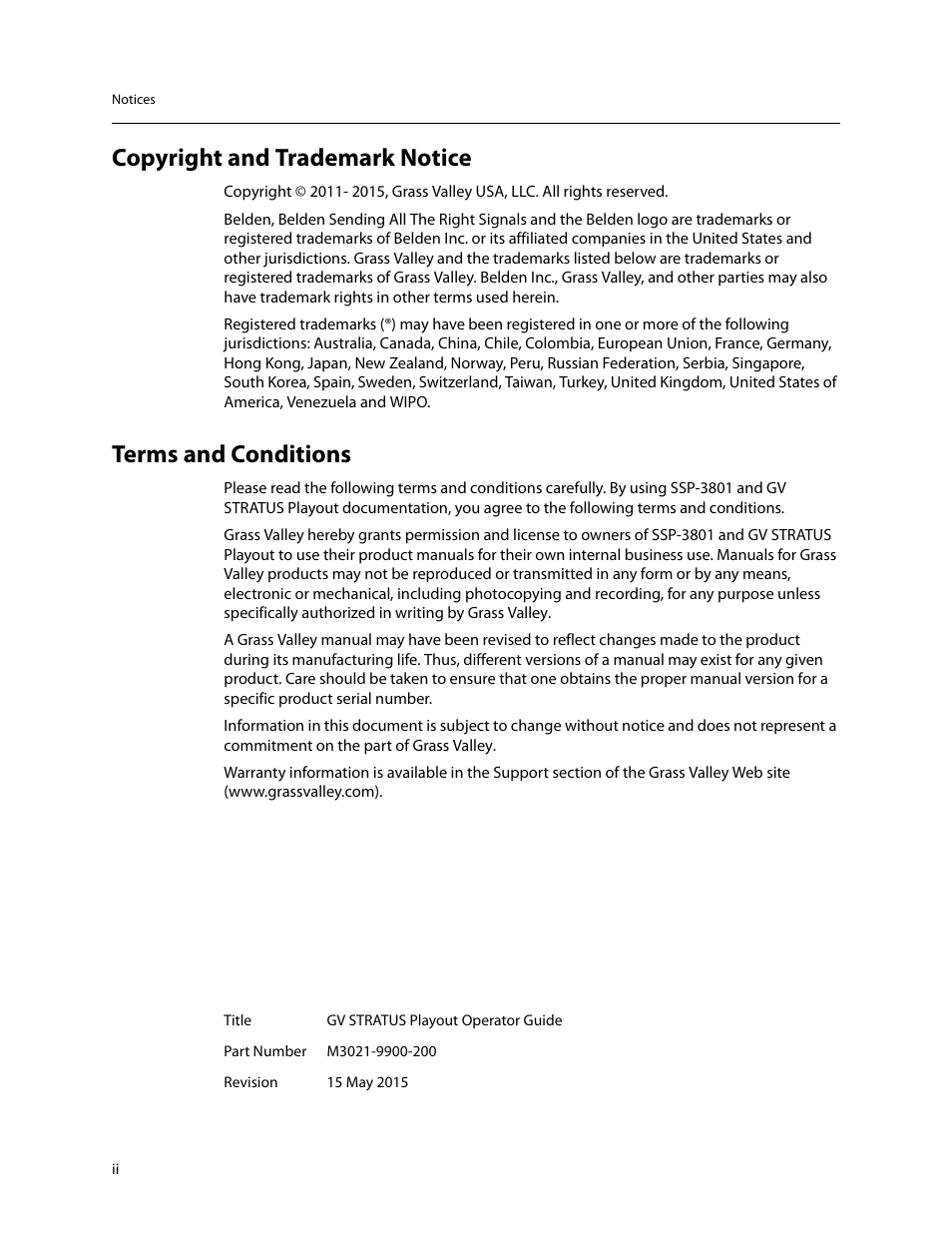 Copyright and trademark notice, Terms and conditions | Grass Valley GV STRATUS Playout v.2.0 User Manual | Page 2 / 141