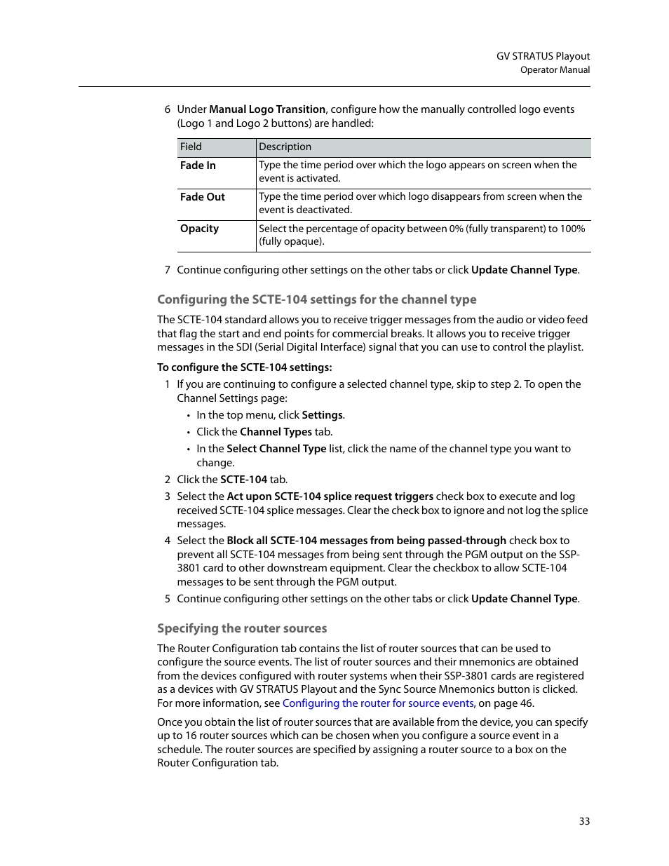 Specifying the router sources, Ntinue with | Grass Valley GV STRATUS Playout v.2.0 User Manual | Page 33 / 141