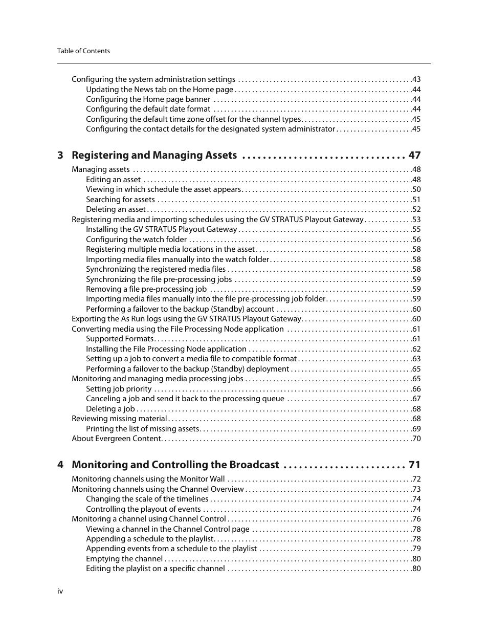 3 registering and managing assets, 4 monitoring and controlling the broadcast | Grass Valley GV STRATUS Playout v.2.0 User Manual | Page 4 / 141