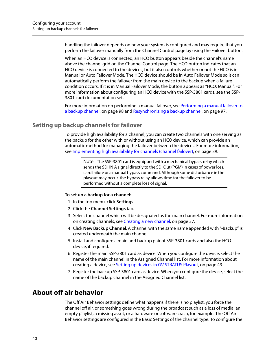 Setting up backup channels for failover, About off air behavior, Setting up backup channels | For failover | Grass Valley GV STRATUS Playout v.2.0 User Manual | Page 40 / 141