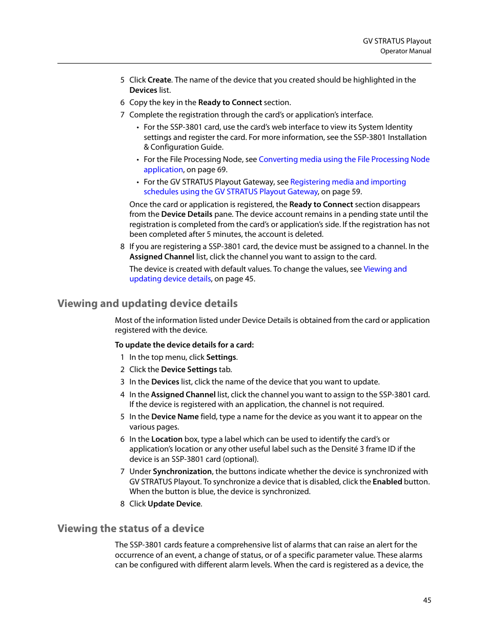 Viewing and updating device details, Viewing the status of a device | Grass Valley GV STRATUS Playout v.2.0 User Manual | Page 45 / 141