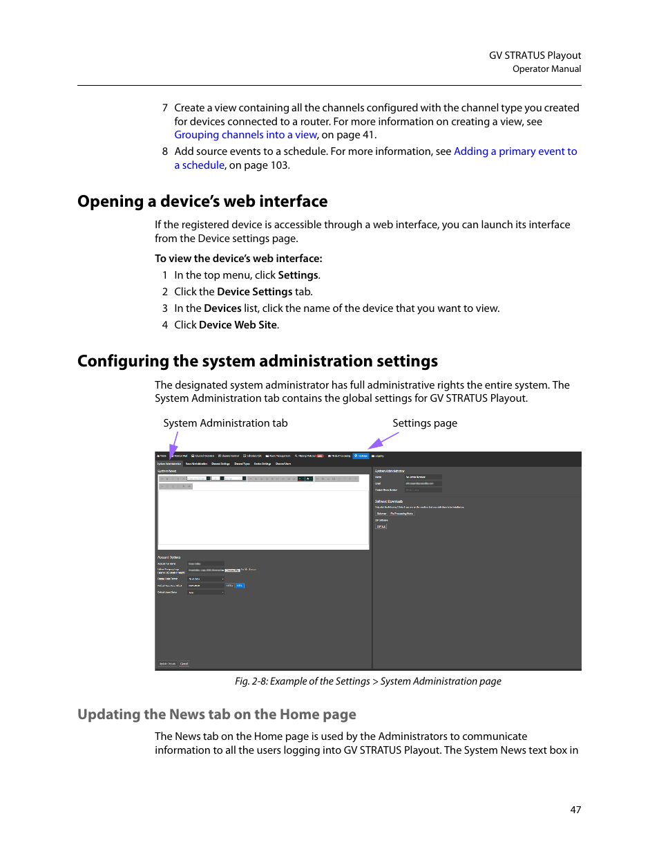 Opening a device’s web interface, Configuring the system administration settings, Updating the news tab on the home page | Grass Valley GV STRATUS Playout v.2.0 User Manual | Page 47 / 141