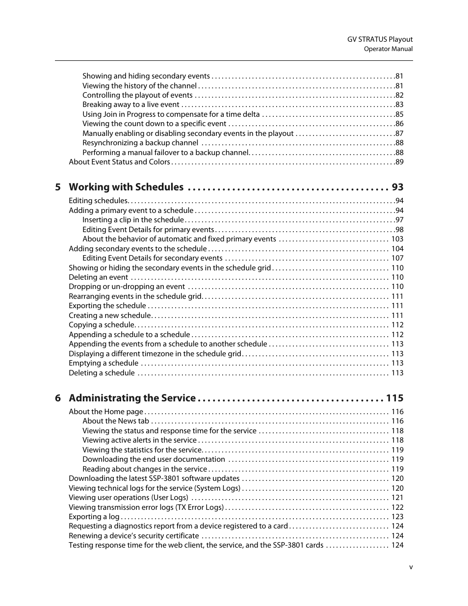 5 working with schedules, 6 administrating the service | Grass Valley GV STRATUS Playout v.2.0 User Manual | Page 5 / 141