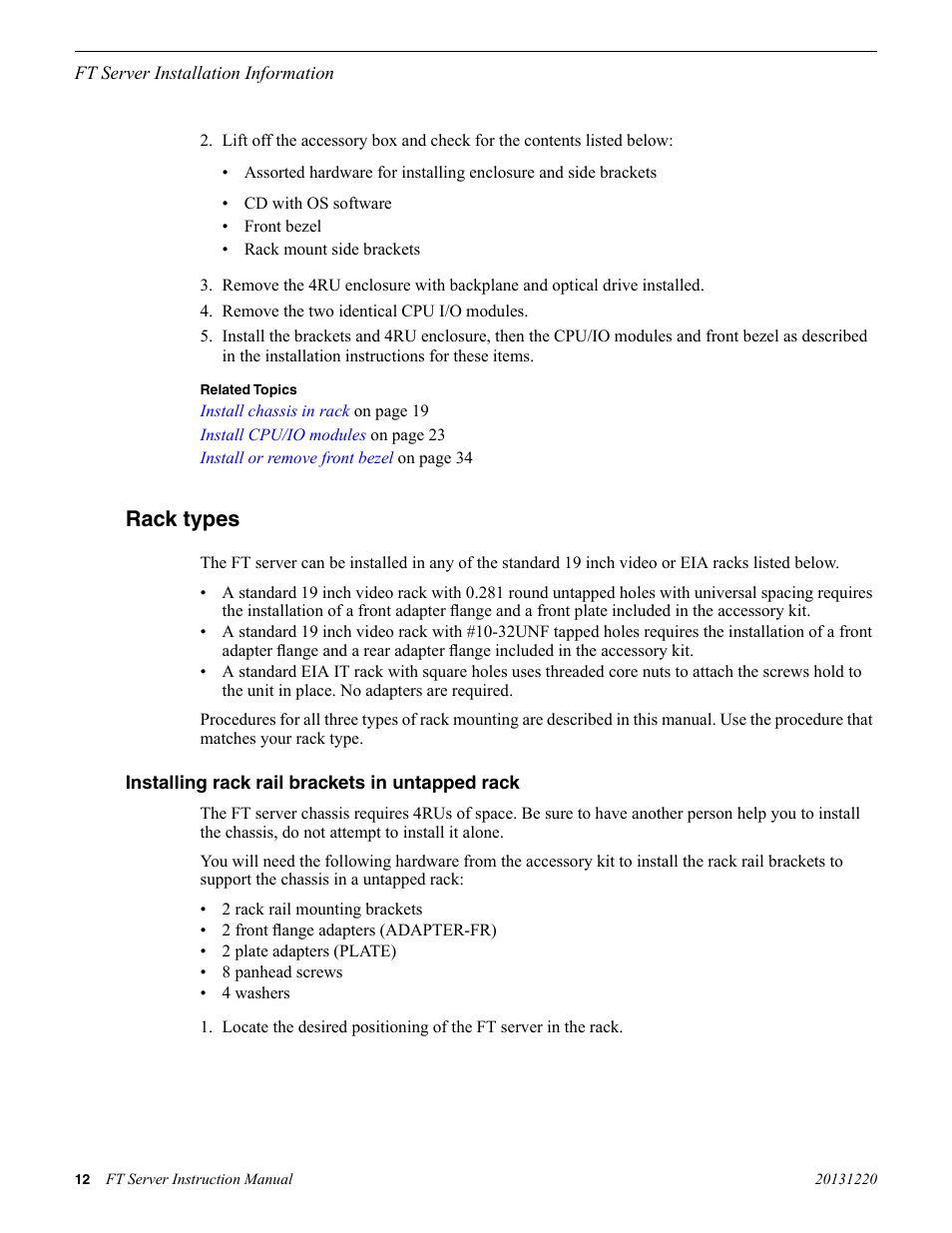 Rack types, Installing rack rail brackets in untapped rack | Grass Valley FT Server User Manual | Page 12 / 96