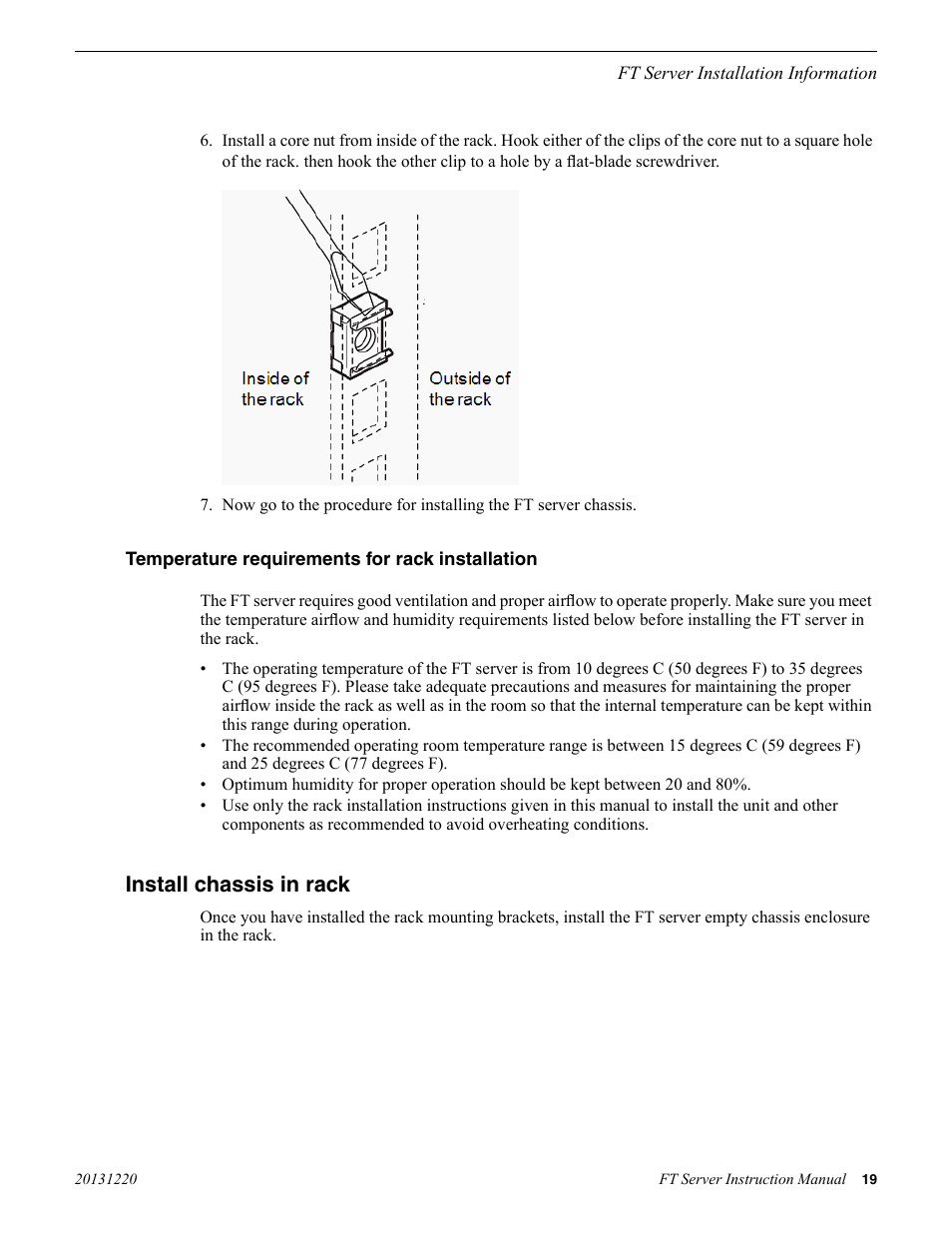 Temperature requirements for rack installation, Install chassis in rack | Grass Valley FT Server User Manual | Page 19 / 96