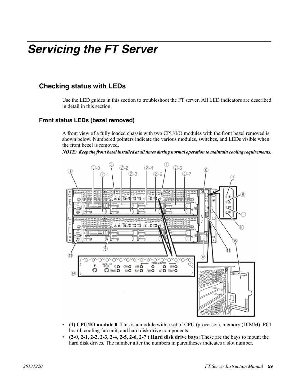 Servicing the ft server, Checking status with leds, Front status leds (bezel removed) | Grass Valley FT Server User Manual | Page 59 / 96
