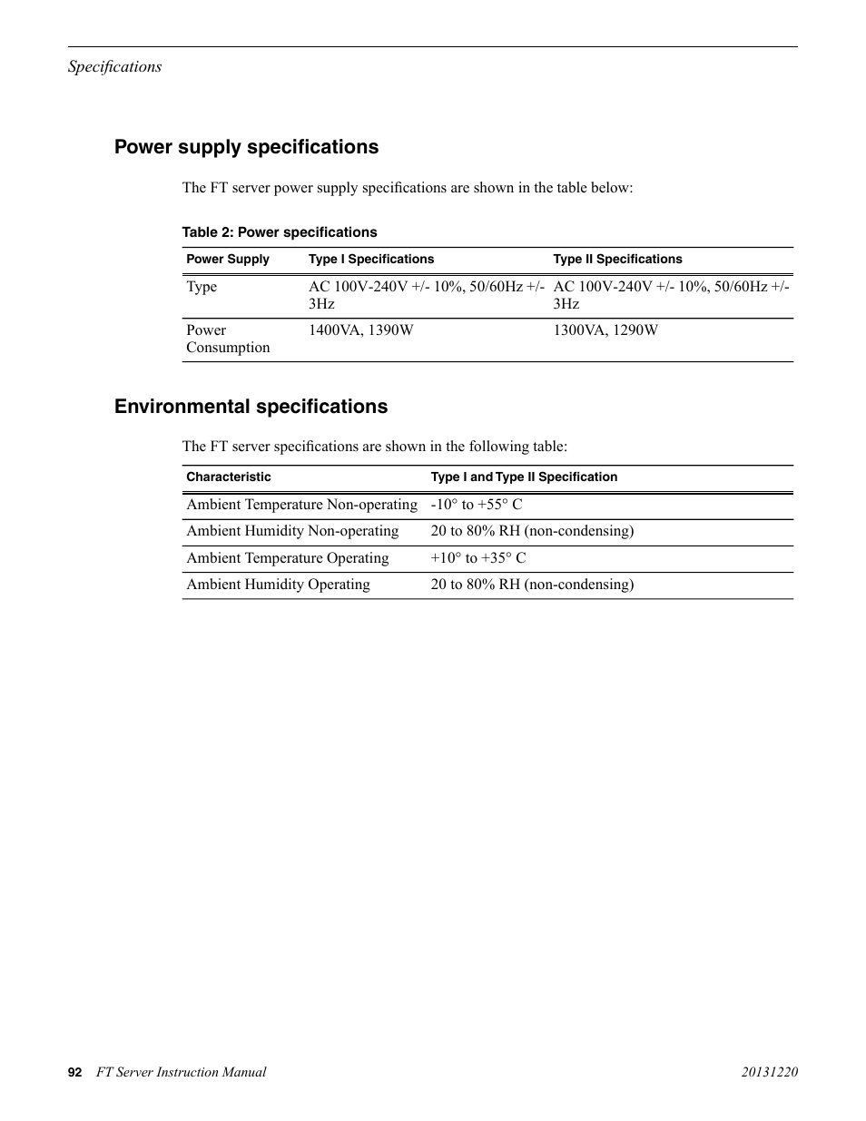 Power supply specifications, Environmental specifications | Grass Valley FT Server User Manual | Page 92 / 96