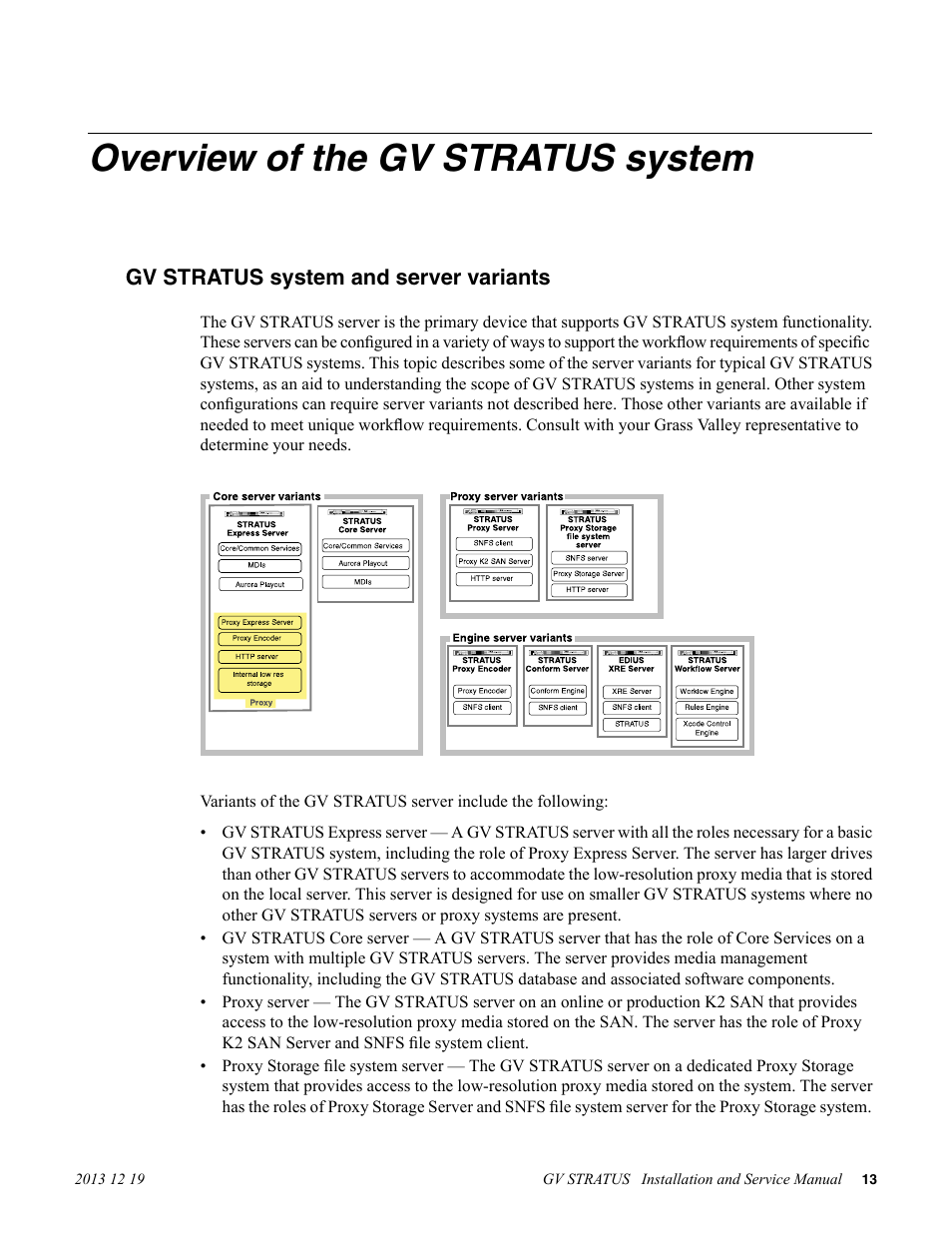 Overview of the gv stratus system, Gv stratus system and server variants | Grass Valley GV STRATUS Installation v.3.1 User Manual | Page 13 / 510