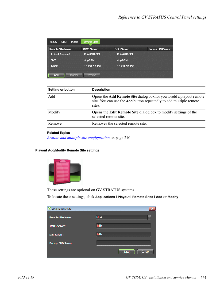 Playout add/modify remote site settings | Grass Valley GV STRATUS Installation v.3.1 User Manual | Page 143 / 510