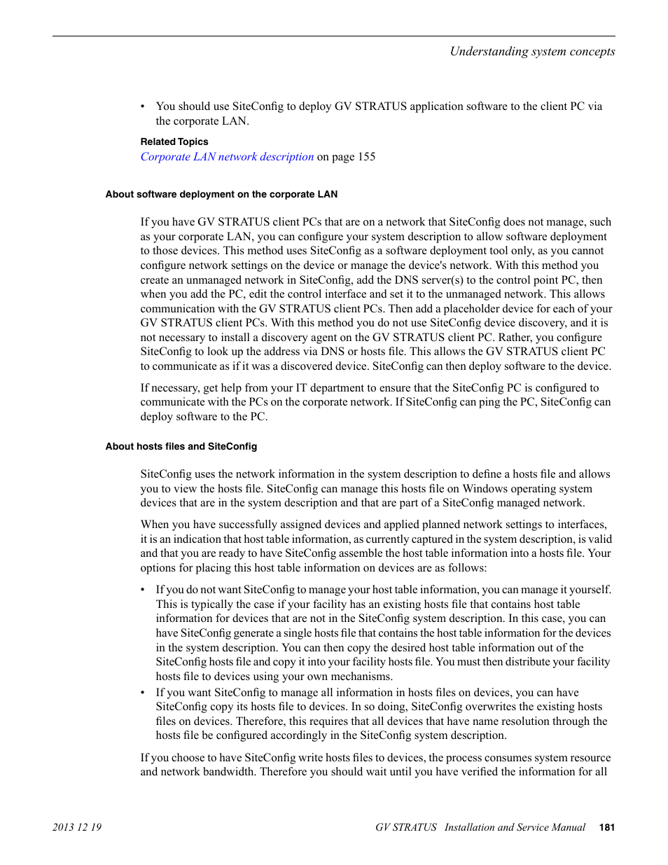 About software deployment on the corporate lan, About hosts files and siteconfig | Grass Valley GV STRATUS Installation v.3.1 User Manual | Page 181 / 510