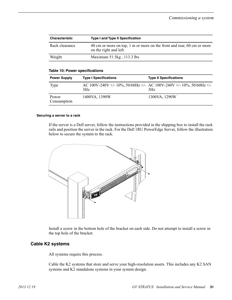 Securing a server to a rack, Cable k2 systems | Grass Valley GV STRATUS Installation v.3.1 User Manual | Page 31 / 510