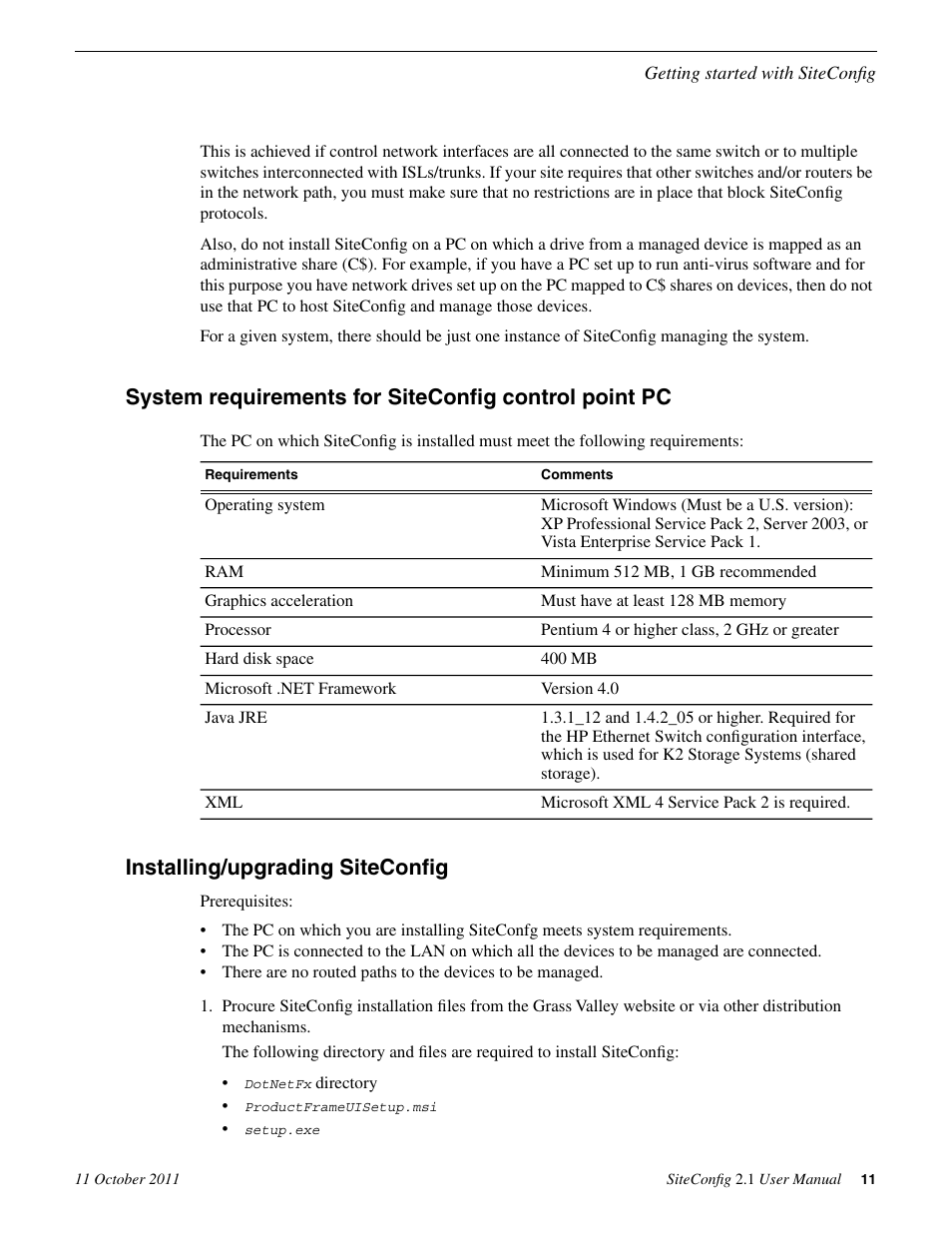 Installing/upgrading siteconfig | Grass Valley SiteConfig v.2.1 User Manual | Page 11 / 102