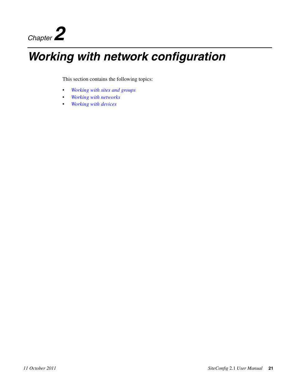 Working with network configuration, Chapter 2: working with network configuration | Grass Valley SiteConfig v.2.1 User Manual | Page 21 / 102