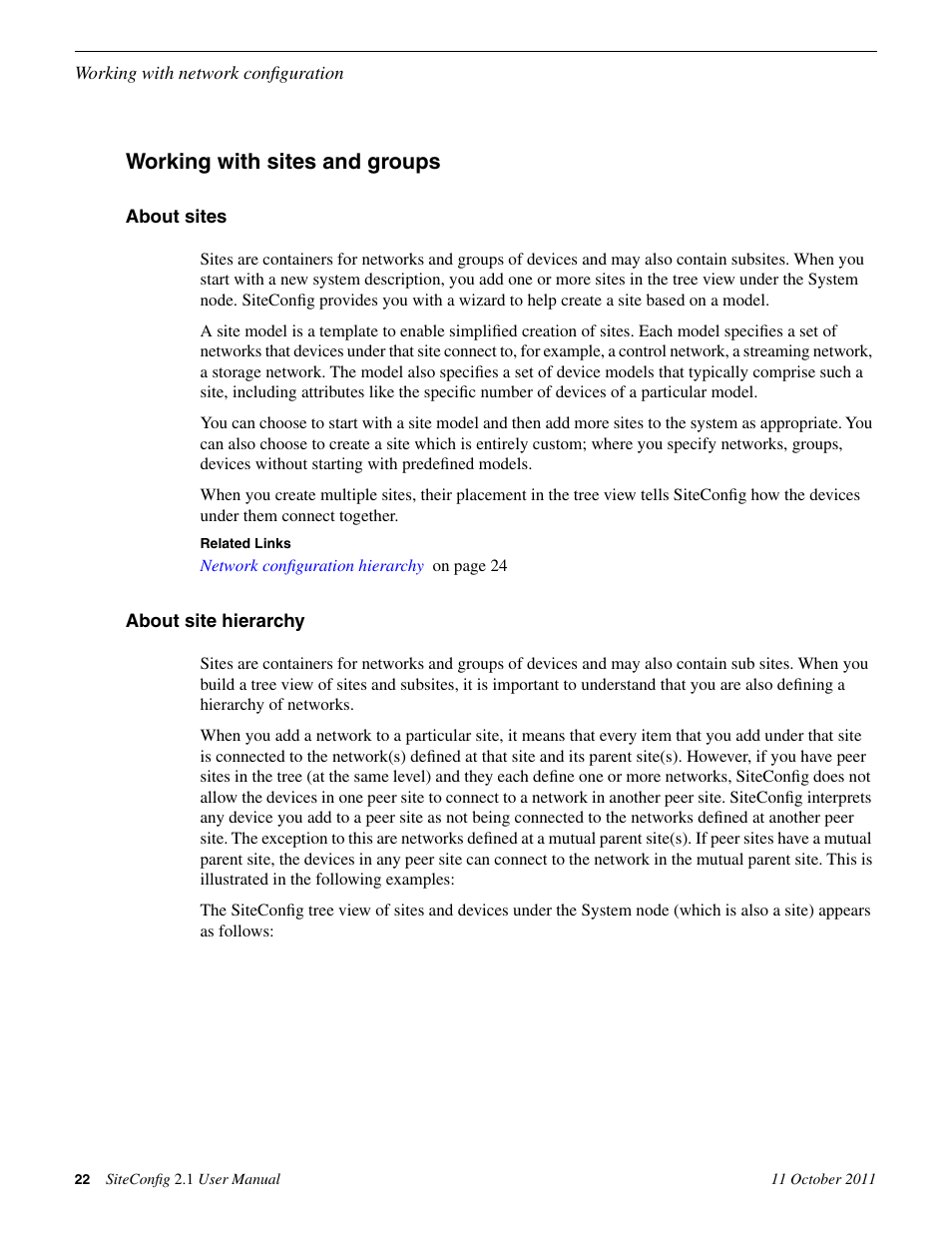 Working with sites and groups, About sites, About site hierarchy | About sites about site hierarchy | Grass Valley SiteConfig v.2.1 User Manual | Page 22 / 102