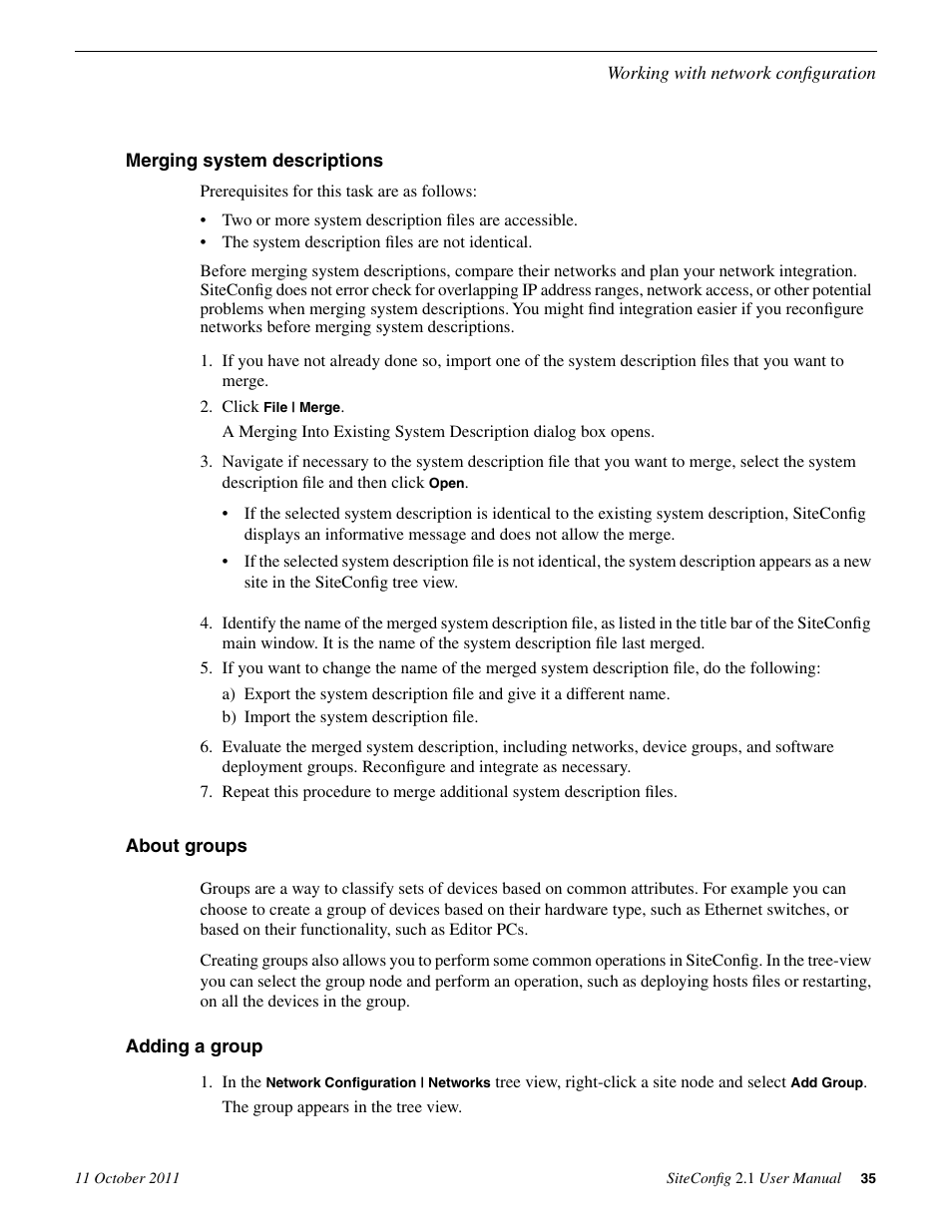 Merging system descriptions, About groups, Adding a group | Grass Valley SiteConfig v.2.1 User Manual | Page 35 / 102