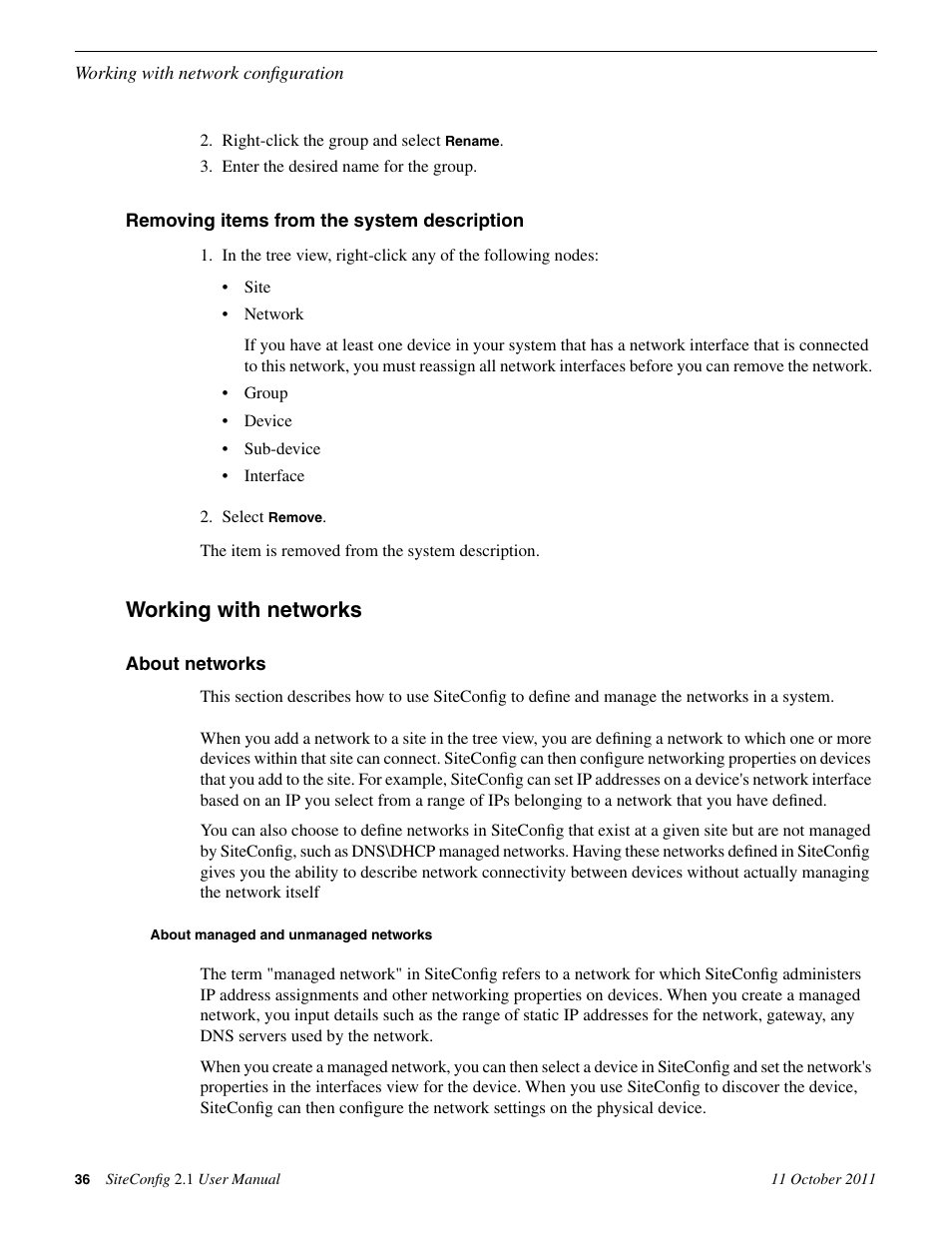 Removing items from the system description, Working with networks, About networks | About managed and unmanaged networks | Grass Valley SiteConfig v.2.1 User Manual | Page 36 / 102