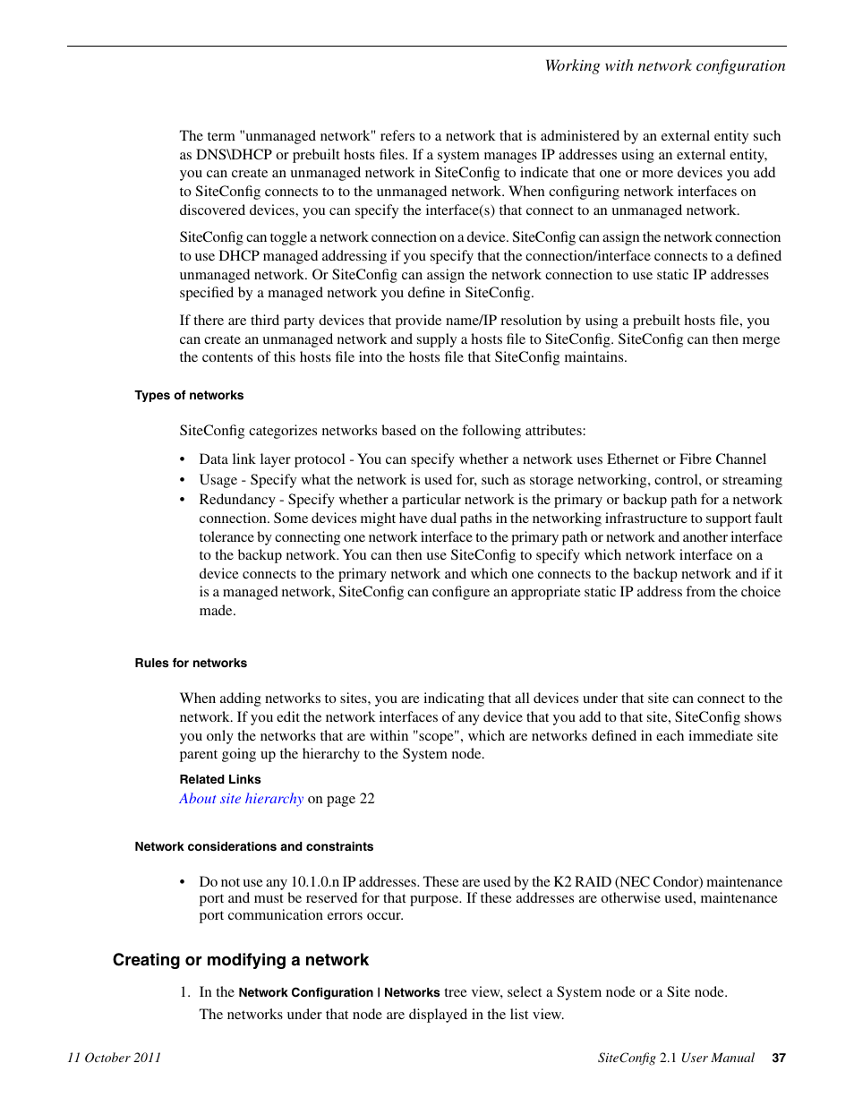 Types of networks, Rules for networks, Network considerations and constraints | Creating or modifying a network | Grass Valley SiteConfig v.2.1 User Manual | Page 37 / 102