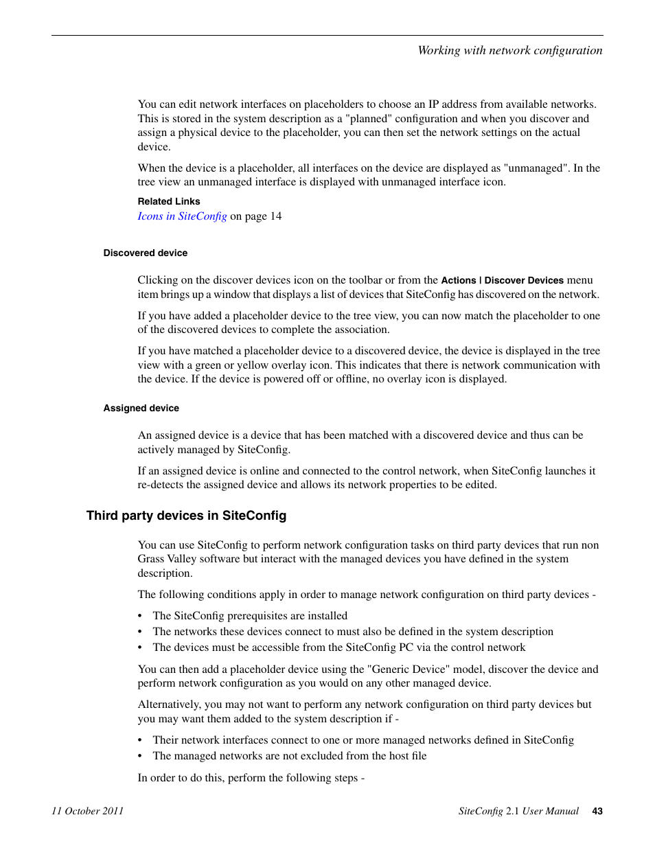 Discovered device, Assigned device, Third party devices in siteconfig | Grass Valley SiteConfig v.2.1 User Manual | Page 43 / 102