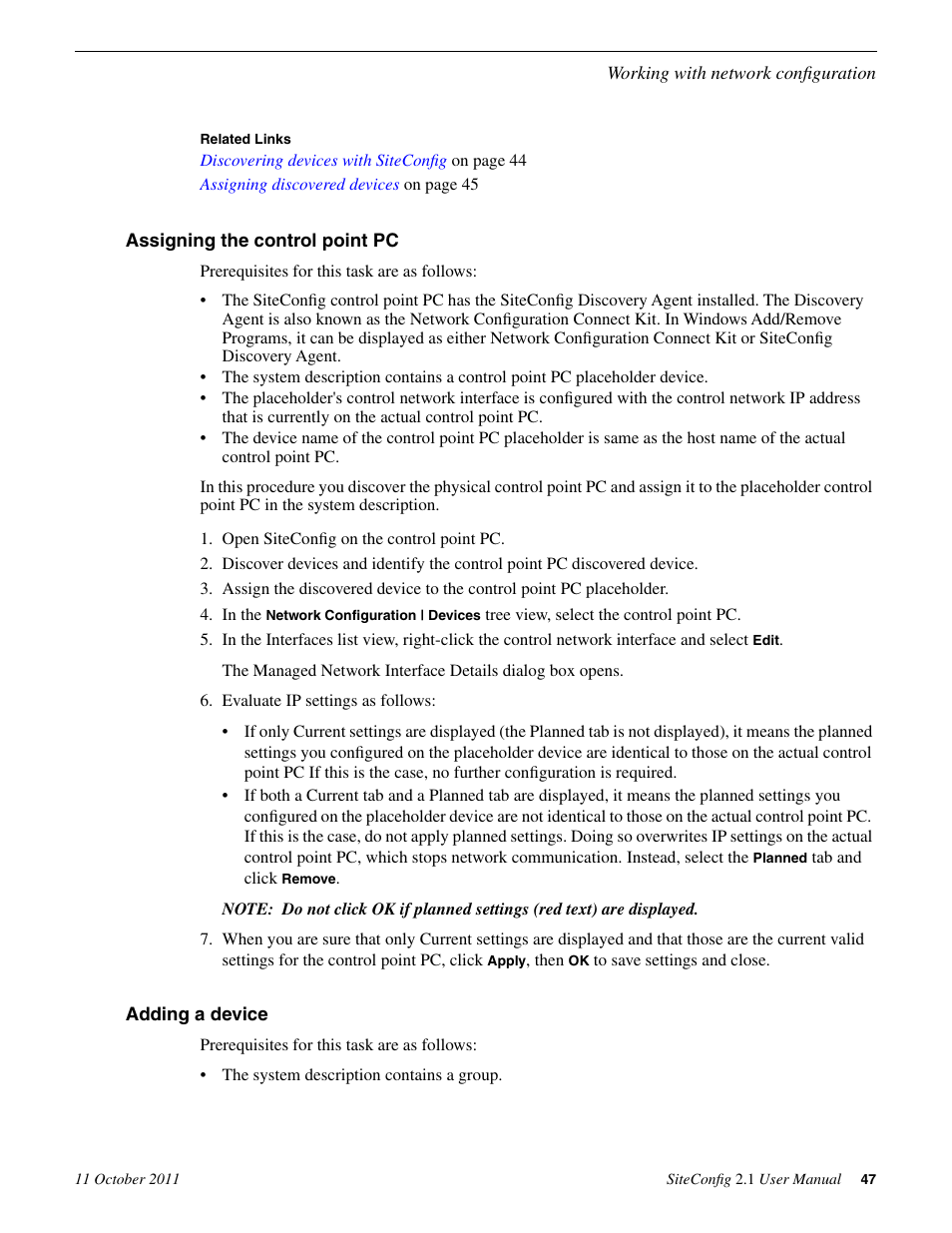 Assigning the control point pc, Adding a device, Assigning the control point pc adding a device | Grass Valley SiteConfig v.2.1 User Manual | Page 47 / 102