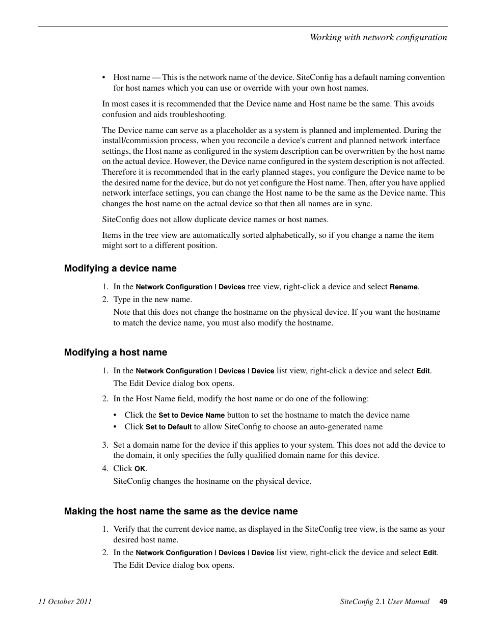 Modifying a device name, Modifying a host name, Making the host name the same as the device name | Grass Valley SiteConfig v.2.1 User Manual | Page 49 / 102