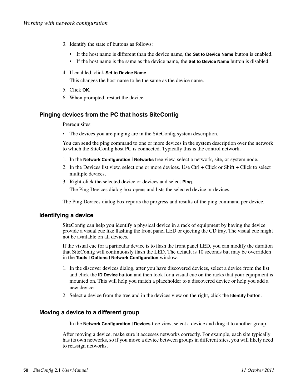 Pinging devices from the pc that hosts siteconfig, Identifying a device, Moving a device to a different group | Grass Valley SiteConfig v.2.1 User Manual | Page 50 / 102