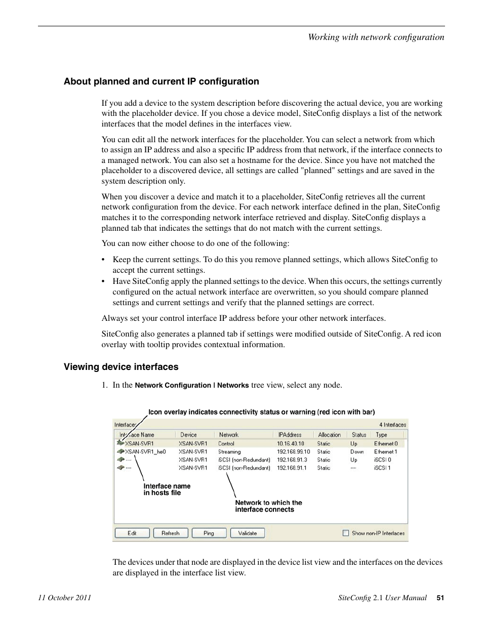 About planned and current ip configuration, Viewing device interfaces | Grass Valley SiteConfig v.2.1 User Manual | Page 51 / 102