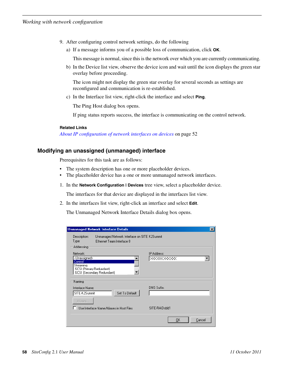 Modifying an unassigned (unmanaged) interface | Grass Valley SiteConfig v.2.1 User Manual | Page 58 / 102