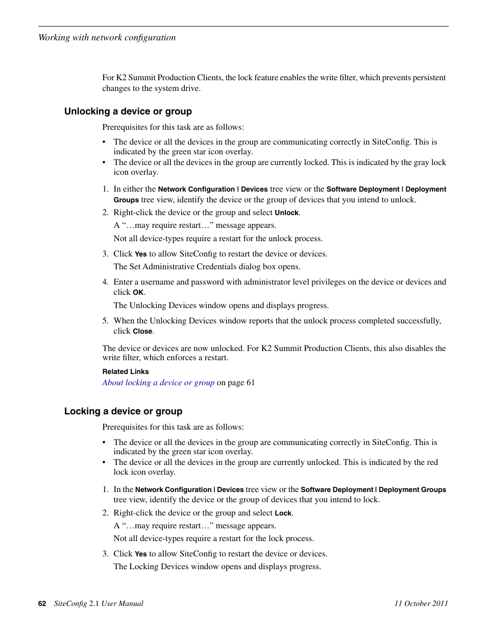 Unlocking a device or group, Locking a device or group | Grass Valley SiteConfig v.2.1 User Manual | Page 62 / 102