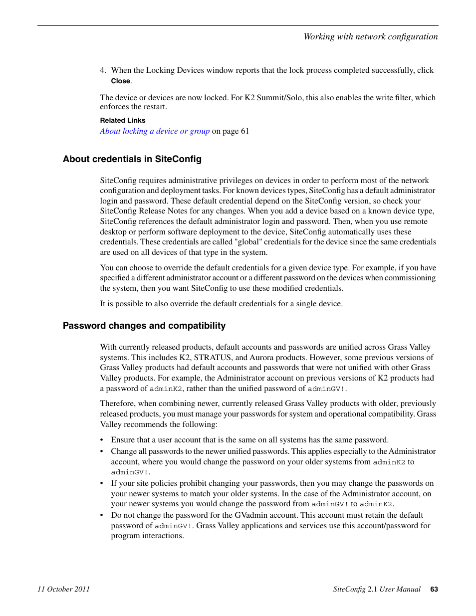 About credentials in siteconfig, Password changes and compatibility | Grass Valley SiteConfig v.2.1 User Manual | Page 63 / 102