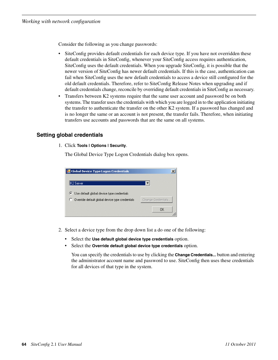 Setting global credentials | Grass Valley SiteConfig v.2.1 User Manual | Page 64 / 102