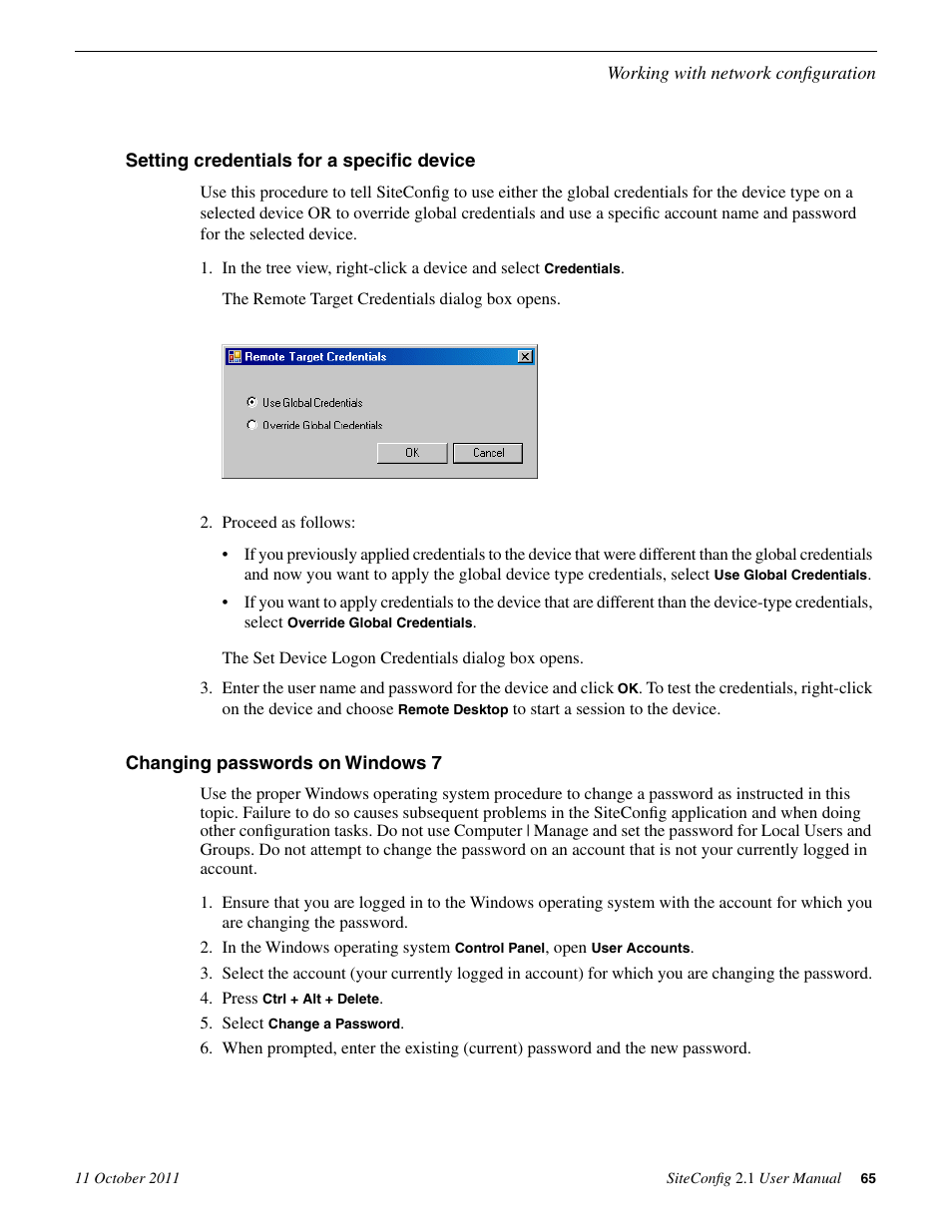 Setting credentials for a specific device, Changing passwords on windows 7 | Grass Valley SiteConfig v.2.1 User Manual | Page 65 / 102