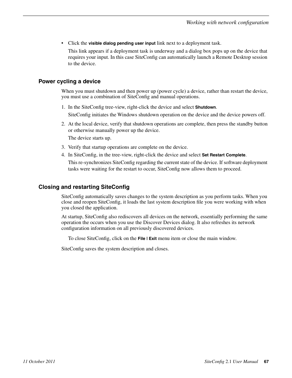 Power cycling a device, Closing and restarting siteconfig | Grass Valley SiteConfig v.2.1 User Manual | Page 67 / 102