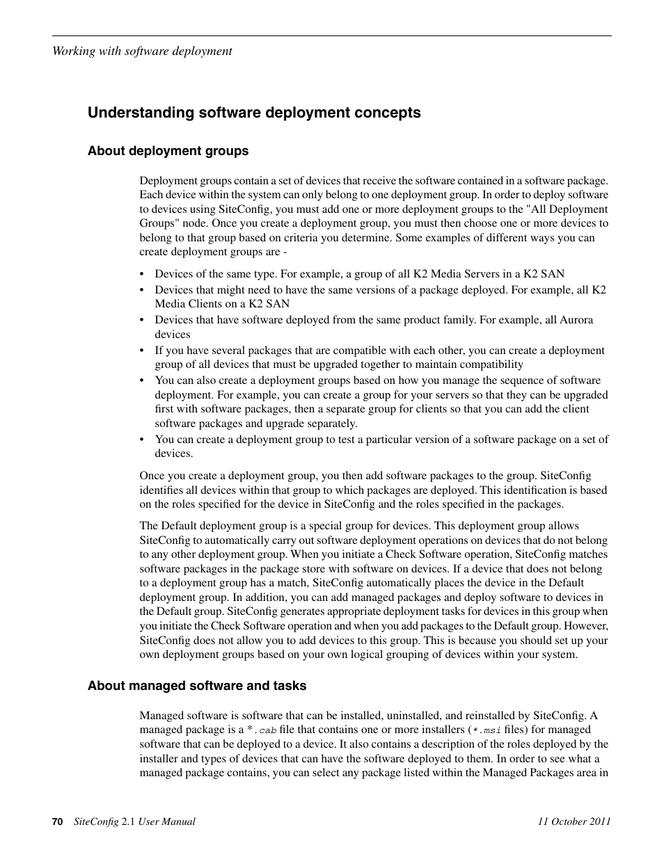 Understanding software deployment concepts, About deployment groups, About managed software and tasks | Grass Valley SiteConfig v.2.1 User Manual | Page 70 / 102